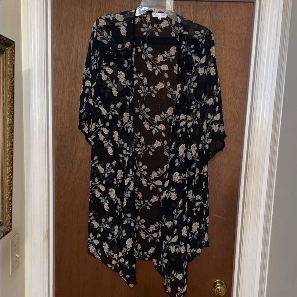 Emory Park Black Sheer Kimono with Cream Floral Design